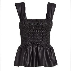 NWT Staud Oda Soft Faux Leather Peplum Smocked Top